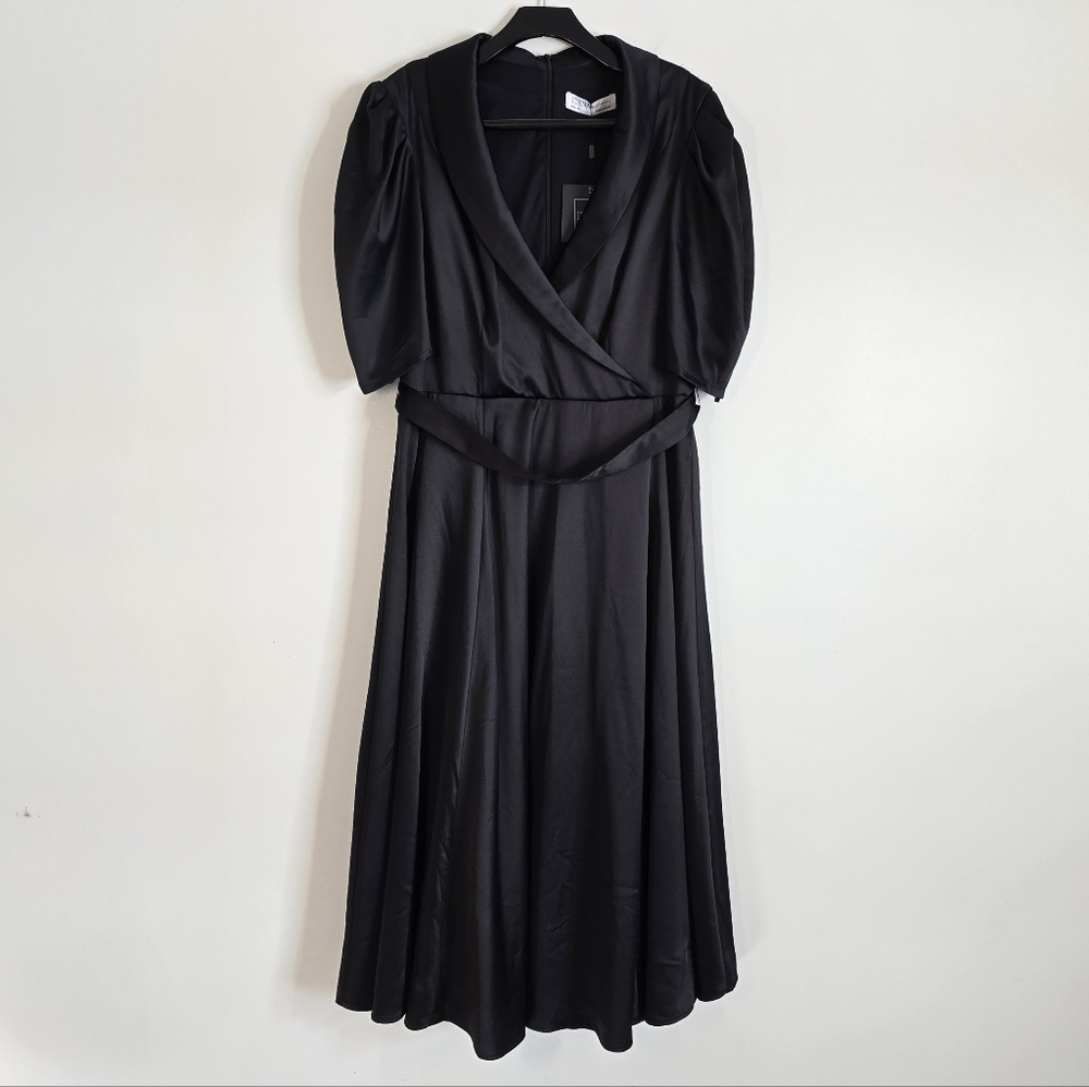 Ieena Mac Duggal Satin Lapel Puff Sleeve Tea Dress Black 12 26628 NWT New - Picture 3 of 9